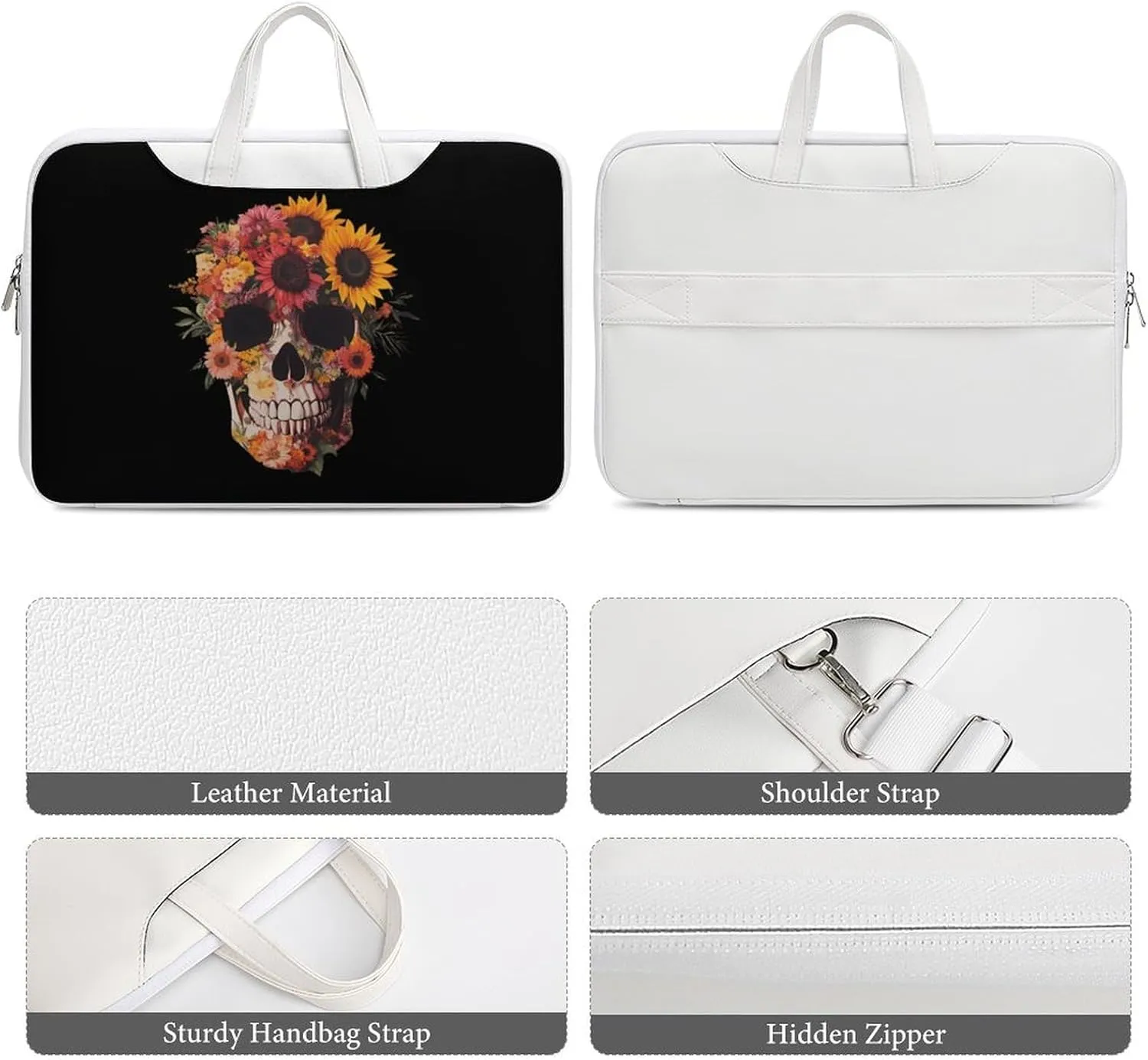 Sugar Skull Flowers Leather Bag Laptop Case Slim Water Resistant Computer Bags with Handle Briefcase for Work