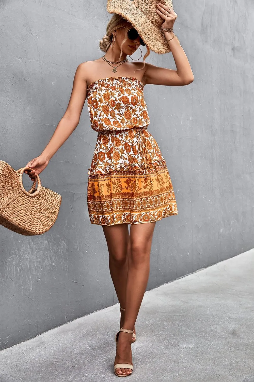 Summer Boho Tube Top Mini Dress for Women Sexy Casual Ruffle Backless Floral Dresses for Summer 2022