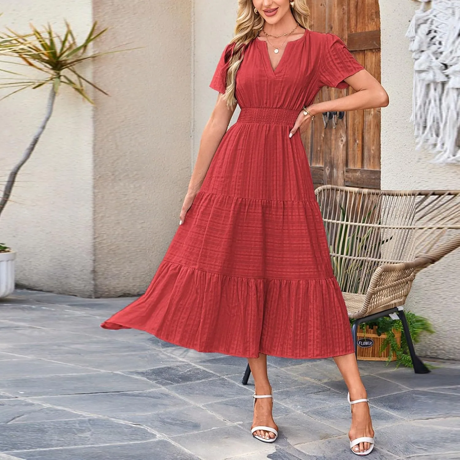 Summer Dresses for Women 2025 V Neck Short Sleeve Flowy Midi Dress Trendy Ruffle Tiered Maxi Dresses Beach Sundress