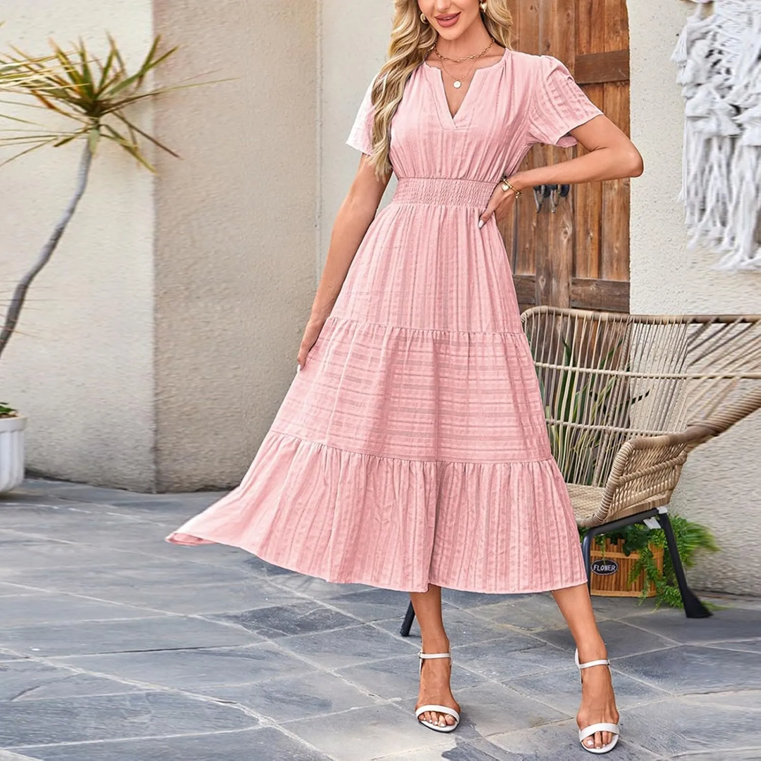 Summer Dresses for Women 2025 V Neck Short Sleeve Flowy Midi Dress Trendy Ruffle Tiered Maxi Dresses Beach Sundress