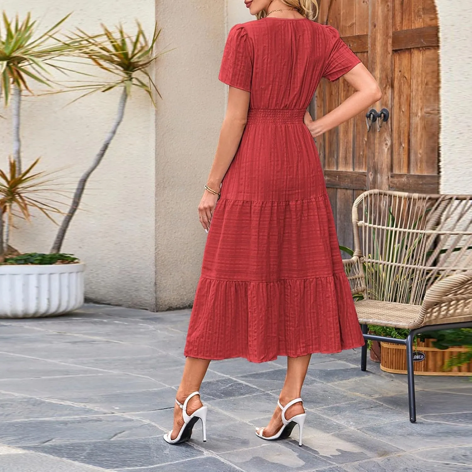 Summer Dresses for Women 2025 V Neck Short Sleeve Flowy Midi Dress Trendy Ruffle Tiered Maxi Dresses Beach Sundress