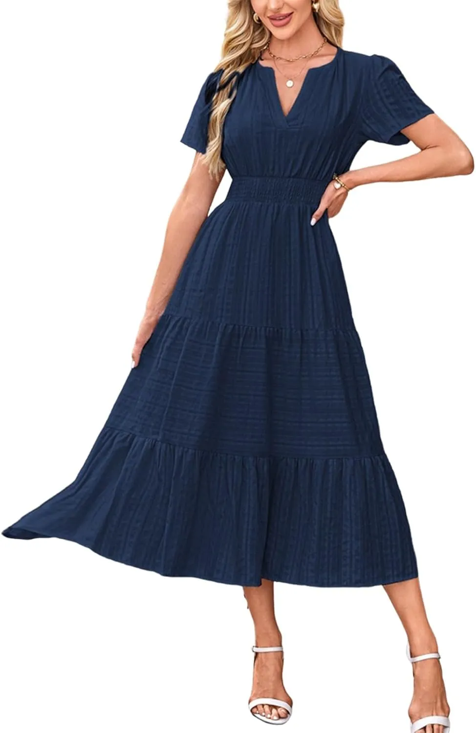 Summer Dresses for Women 2025 V Neck Short Sleeve Flowy Midi Dress Trendy Ruffle Tiered Maxi Dresses Beach Sundress