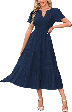 Summer Dresses for Women 2025 V Neck Short Sleeve Flowy Midi Dress Trendy Ruffle Tiered Maxi Dresses Beach Sundress