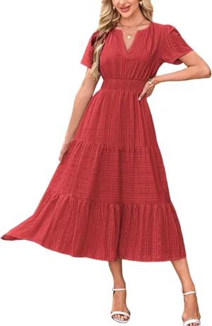 Summer Dresses for Women 2025 V Neck Short Sleeve Flowy Midi Dress Trendy Ruffle Tiered Maxi Dresses Beach Sundress