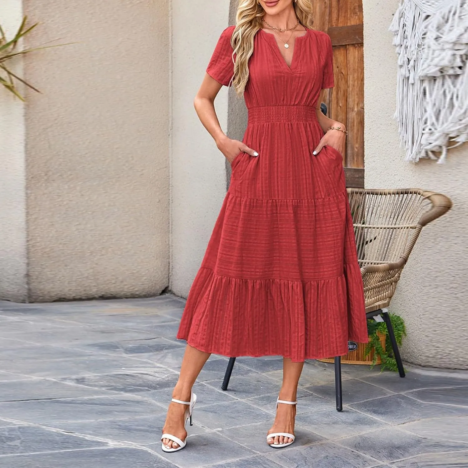 Summer Dresses for Women 2025 V Neck Short Sleeve Flowy Midi Dress Trendy Ruffle Tiered Maxi Dresses Beach Sundress
