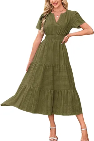 Summer Dresses for Women 2025 V Neck Short Sleeve Flowy Midi Dress Trendy Ruffle Tiered Maxi Dresses Beach Sundress