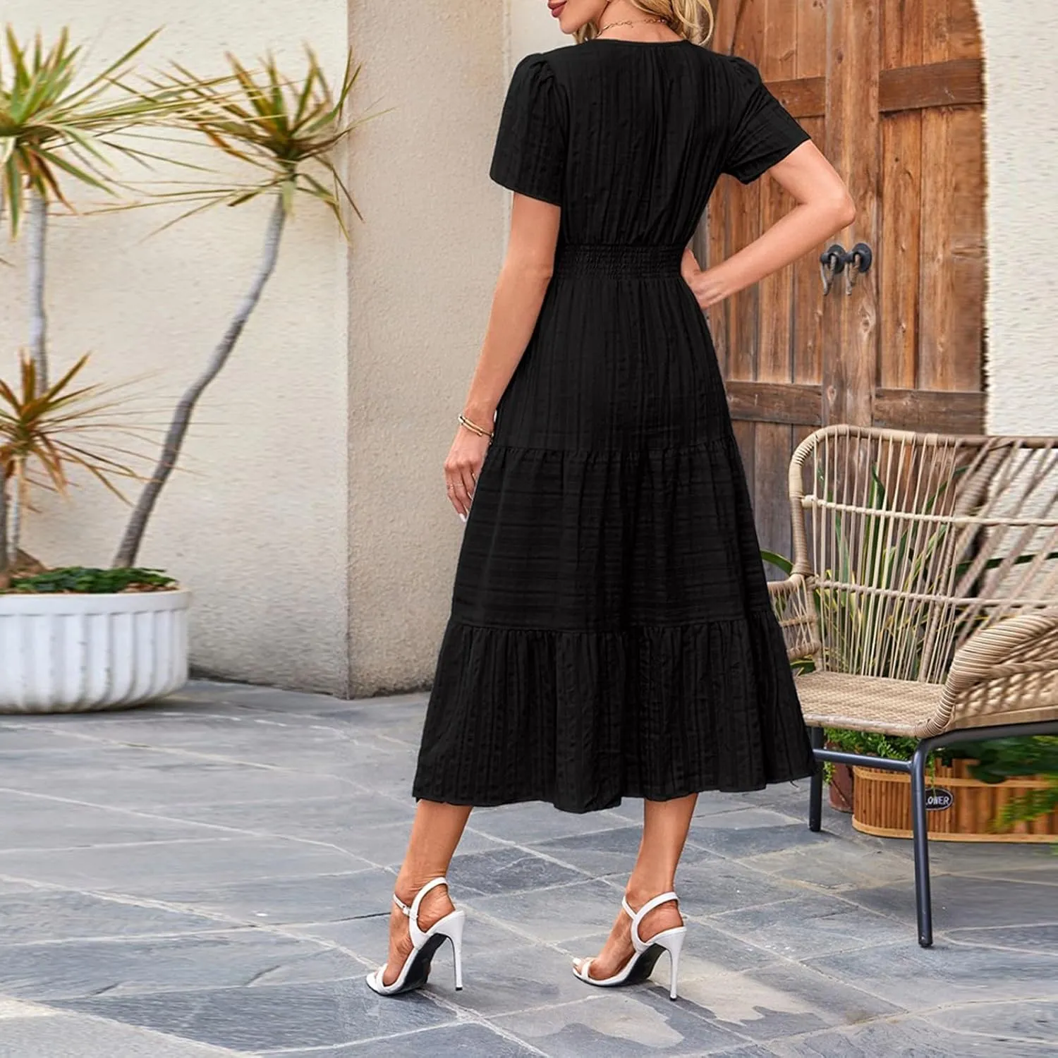 Summer Dresses for Women 2025 V Neck Short Sleeve Flowy Midi Dress Trendy Ruffle Tiered Maxi Dresses Beach Sundress