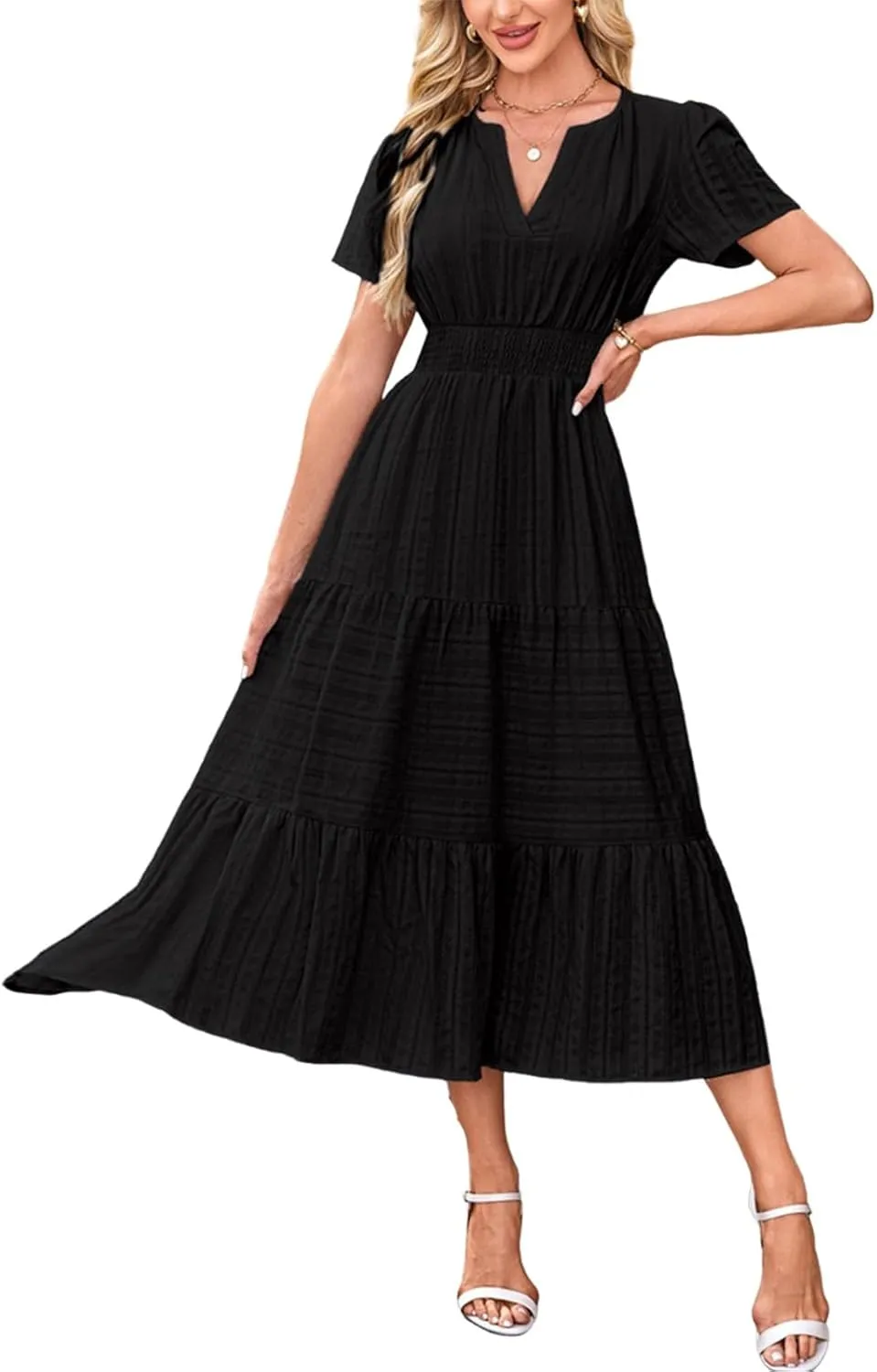 Summer Dresses for Women 2025 V Neck Short Sleeve Flowy Midi Dress Trendy Ruffle Tiered Maxi Dresses Beach Sundress