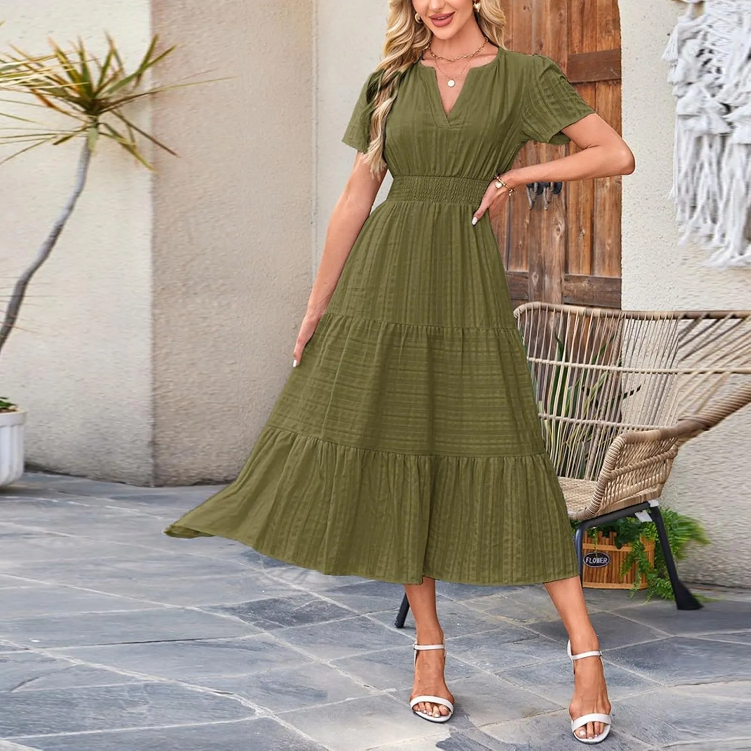 Summer Dresses for Women 2025 V Neck Short Sleeve Flowy Midi Dress Trendy Ruffle Tiered Maxi Dresses Beach Sundress
