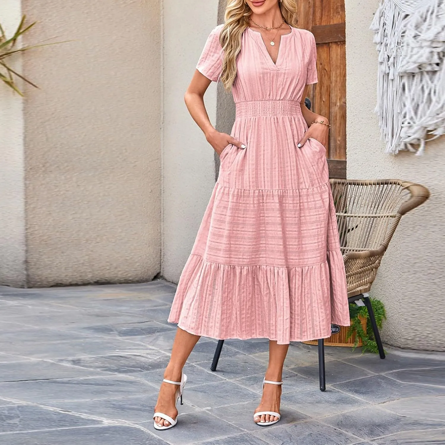 Summer Dresses for Women 2025 V Neck Short Sleeve Flowy Midi Dress Trendy Ruffle Tiered Maxi Dresses Beach Sundress