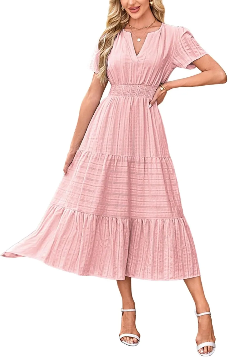 Summer Dresses for Women 2025 V Neck Short Sleeve Flowy Midi Dress Trendy Ruffle Tiered Maxi Dresses Beach Sundress
