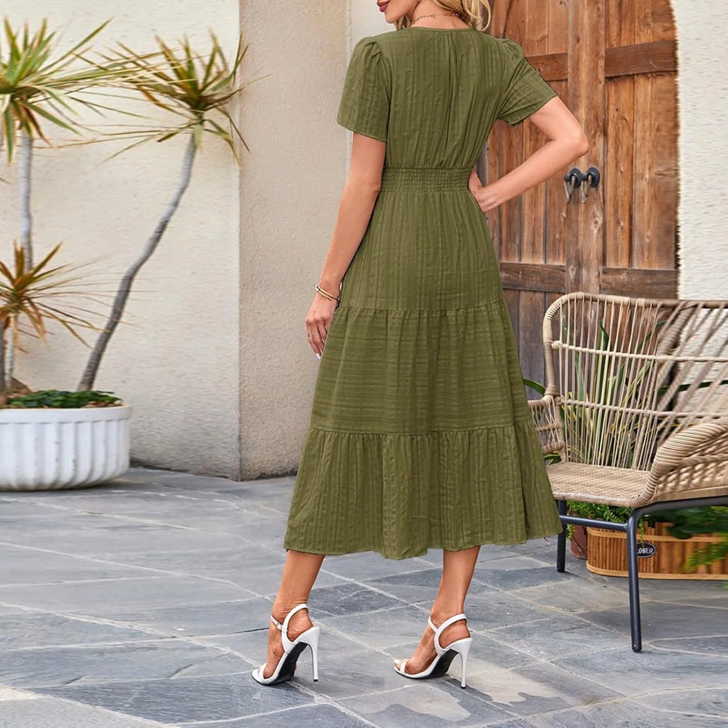 Summer Dresses for Women 2025 V Neck Short Sleeve Flowy Midi Dress Trendy Ruffle Tiered Maxi Dresses Beach Sundress