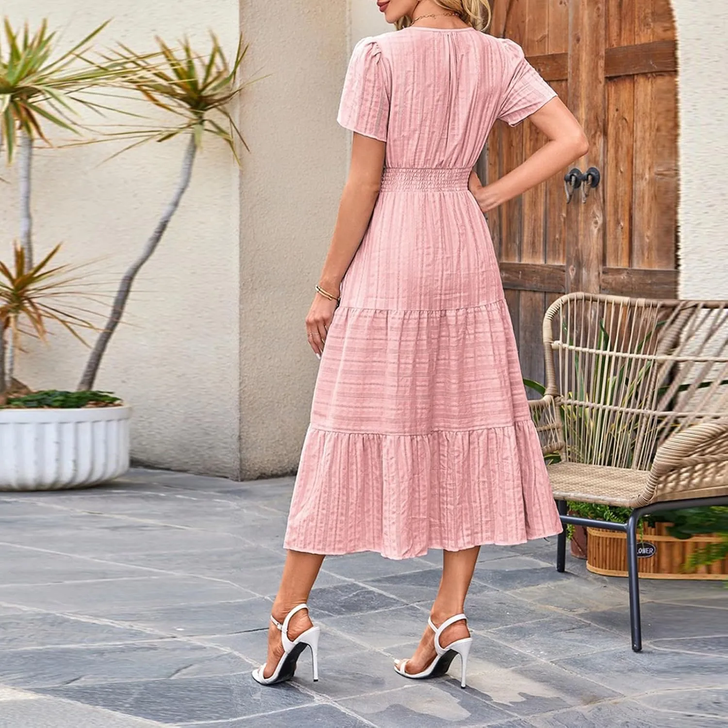 Summer Dresses for Women 2025 V Neck Short Sleeve Flowy Midi Dress Trendy Ruffle Tiered Maxi Dresses Beach Sundress