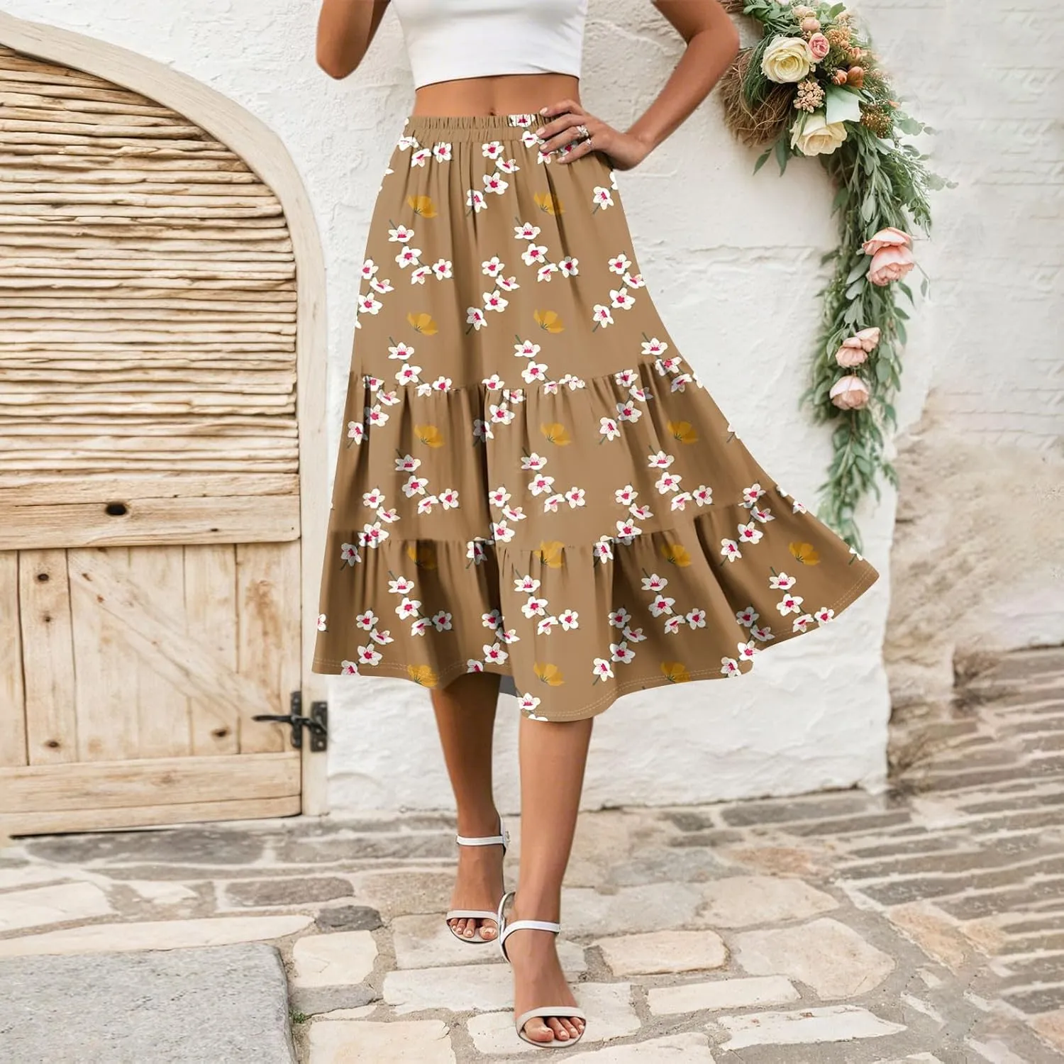 Summer Midi Skirts for Women Floral Beach Flowy Boho Skirt Tiered Pleated Swing A Line Elastic High Waisted Skirt