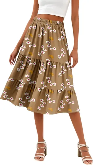 Summer Midi Skirts for Women Floral Beach Flowy Boho Skirt Tiered Pleated Swing A Line Elastic High Waisted Skirt