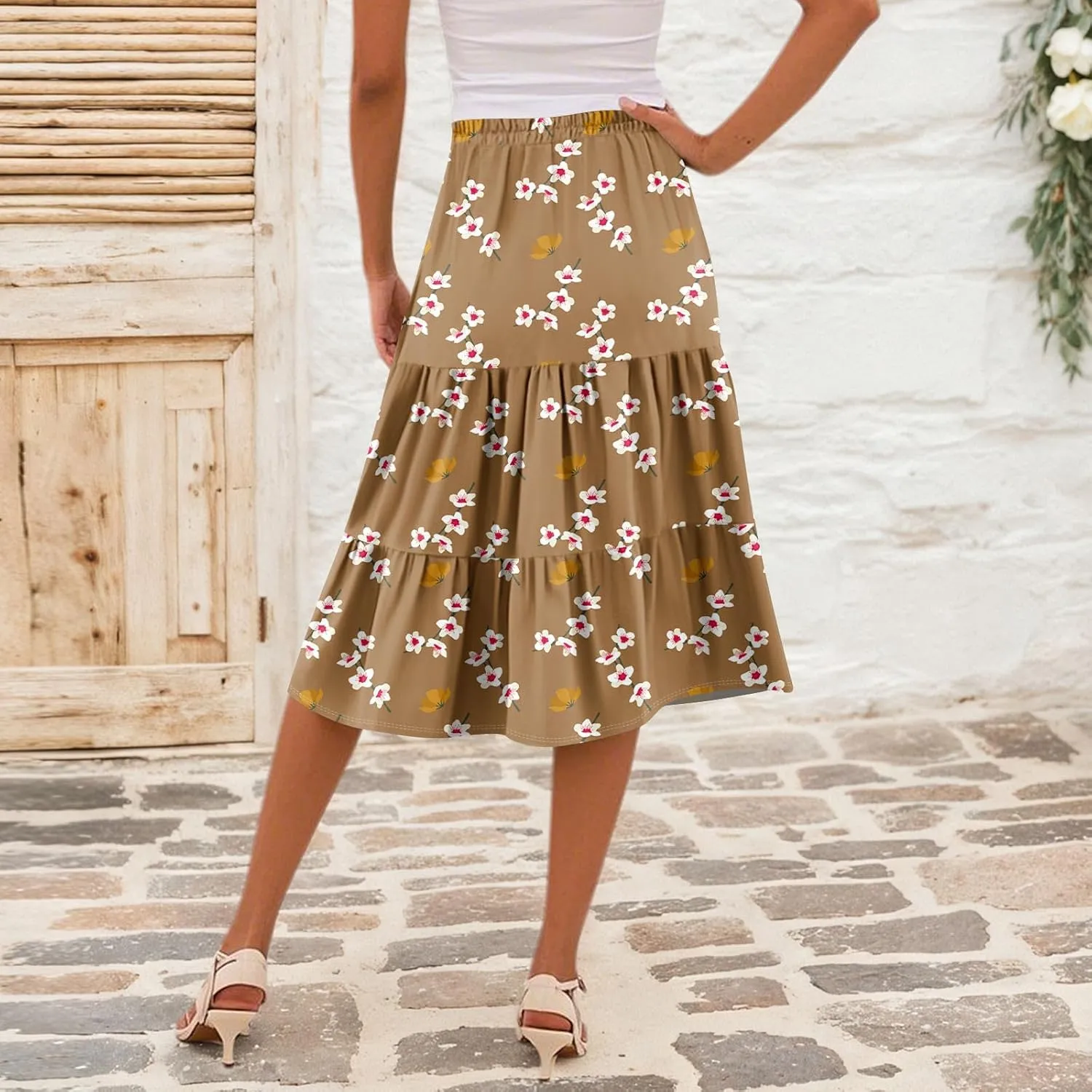 Summer Midi Skirts for Women Floral Beach Flowy Boho Skirt Tiered Pleated Swing A Line Elastic High Waisted Skirt