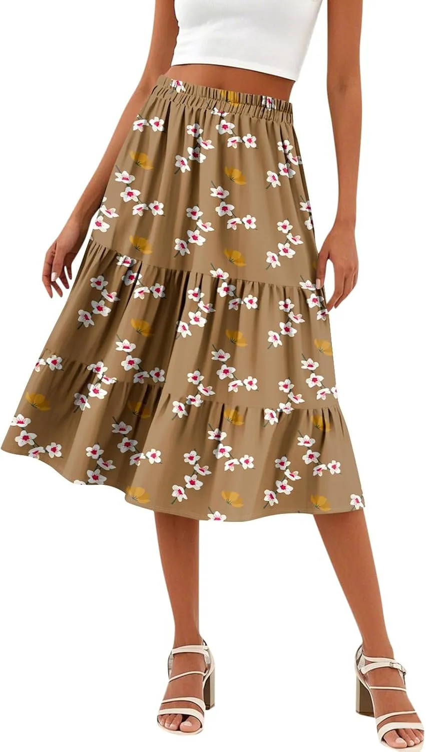 Summer Midi Skirts for Women Floral Beach Flowy Boho Skirt Tiered Pleated Swing A Line Elastic High Waisted Skirt