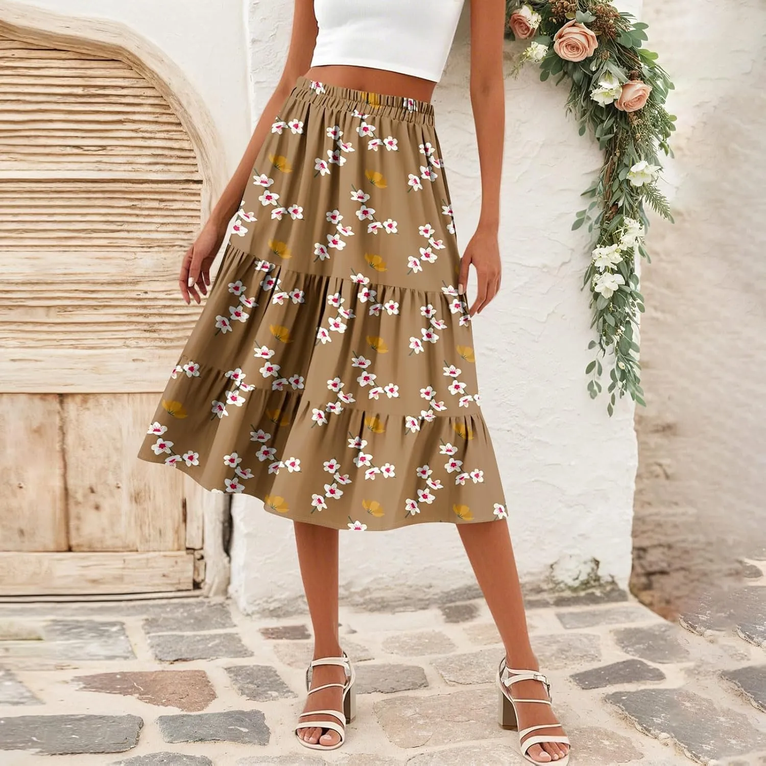 Summer Midi Skirts for Women Floral Beach Flowy Boho Skirt Tiered Pleated Swing A Line Elastic High Waisted Skirt
