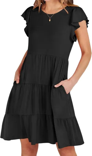 Swing Summer Dress for Women Ruffles Cap Sleeve Short Mini Dress Beach Vacation Tiered Boho Dress Cute Babydoll Dress