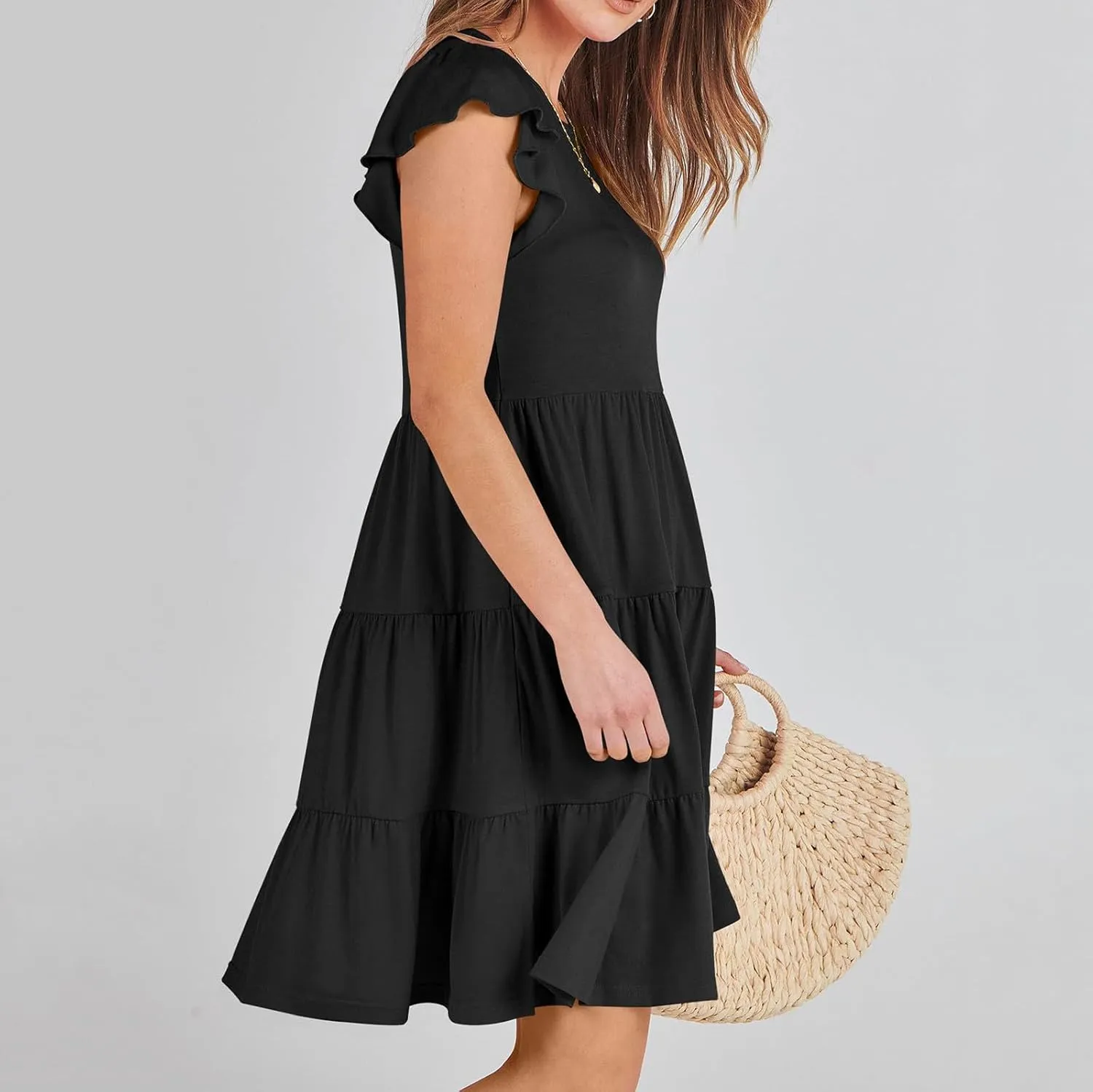 Swing Summer Dress for Women Ruffles Cap Sleeve Short Mini Dress Beach Vacation Tiered Boho Dress Cute Babydoll Dress