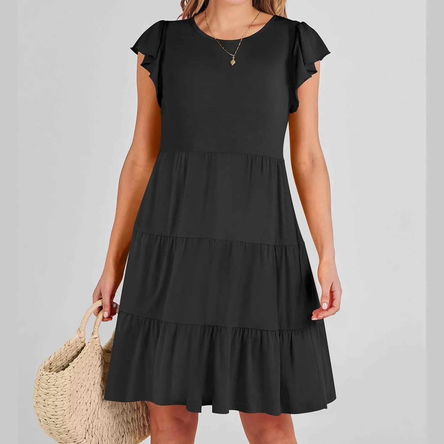 Swing Summer Dress for Women Ruffles Cap Sleeve Short Mini Dress Beach Vacation Tiered Boho Dress Cute Babydoll Dress