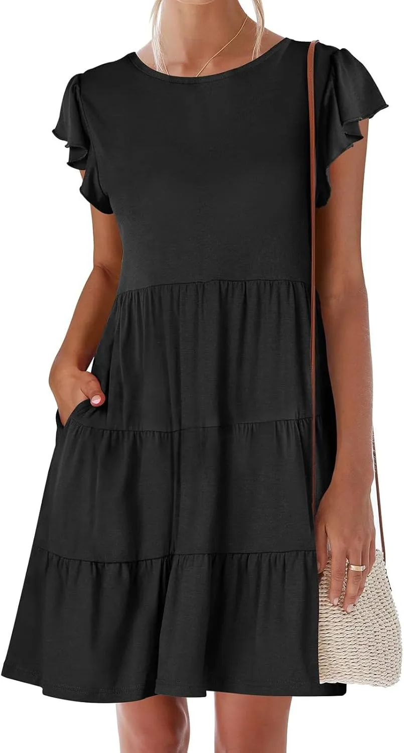 Swing Summer Dress for Women Ruffles Cap Sleeve Short Mini Dress Beach Vacation Tiered Boho Dress Cute Babydoll Dress