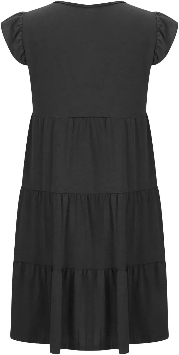 Swing Summer Dress for Women Ruffles Cap Sleeve Short Mini Dress Beach Vacation Tiered Boho Dress Cute Babydoll Dress