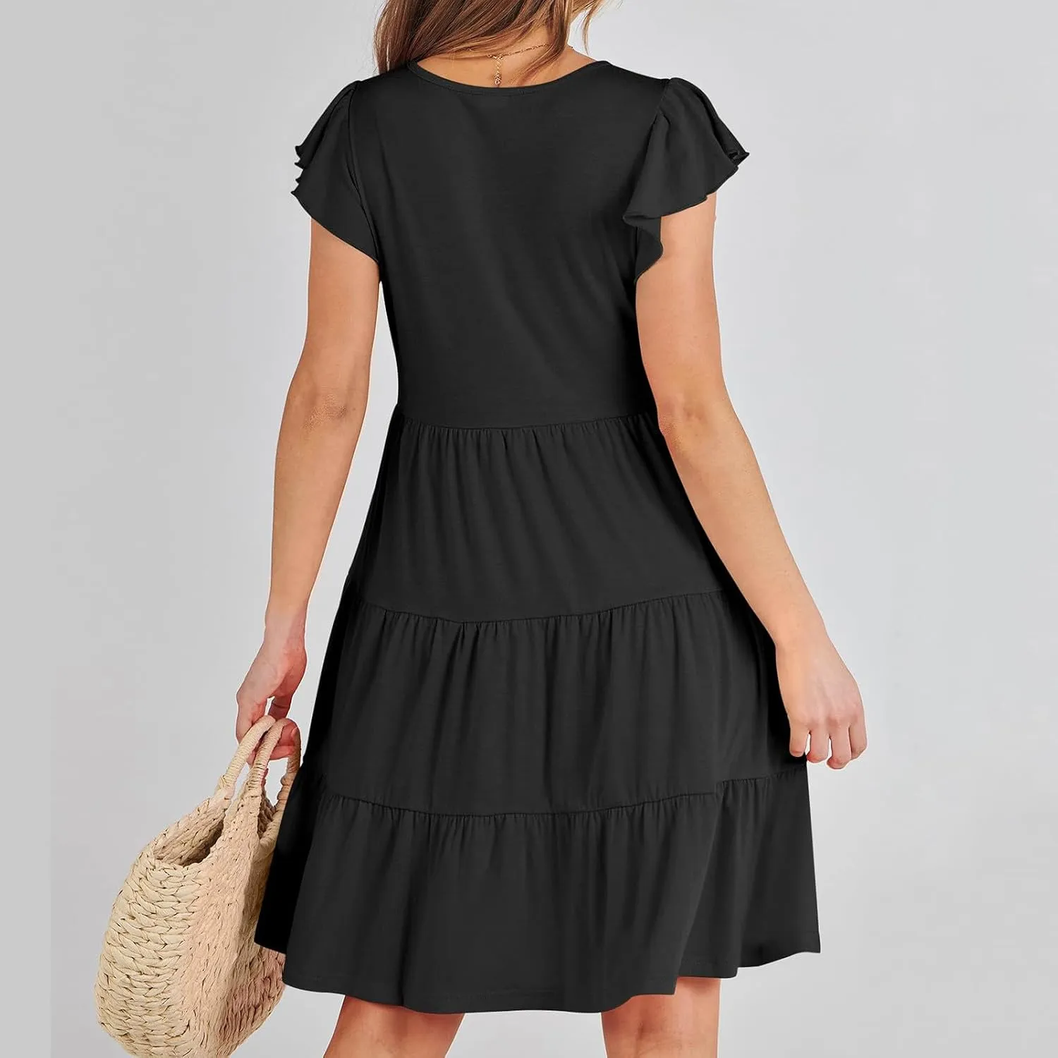 Swing Summer Dress for Women Ruffles Cap Sleeve Short Mini Dress Beach Vacation Tiered Boho Dress Cute Babydoll Dress