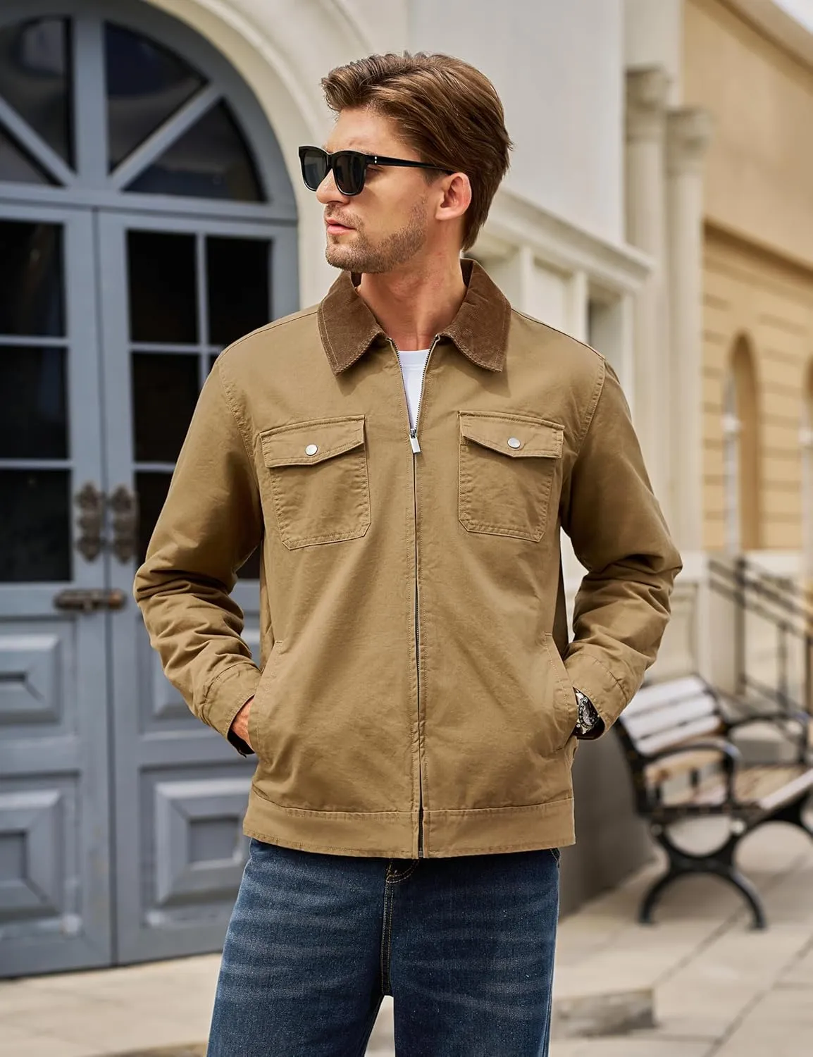 TACVASEN Men's Winter Quilted Casual Cargo Jacket Corduroy Collar Cotton Shacket with Button Pockets for Comfort and Style