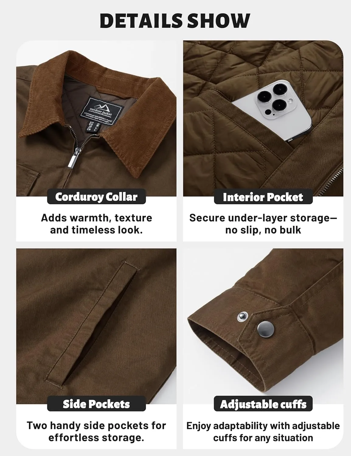 TACVASEN Men's Winter Quilted Casual Cargo Jacket Corduroy Collar Cotton Shacket with Button Pockets for Comfort and Style