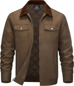 TACVASEN Men's Winter Quilted Casual Cargo Jacket Corduroy Collar Cotton Shacket with Button Pockets for Comfort and Style