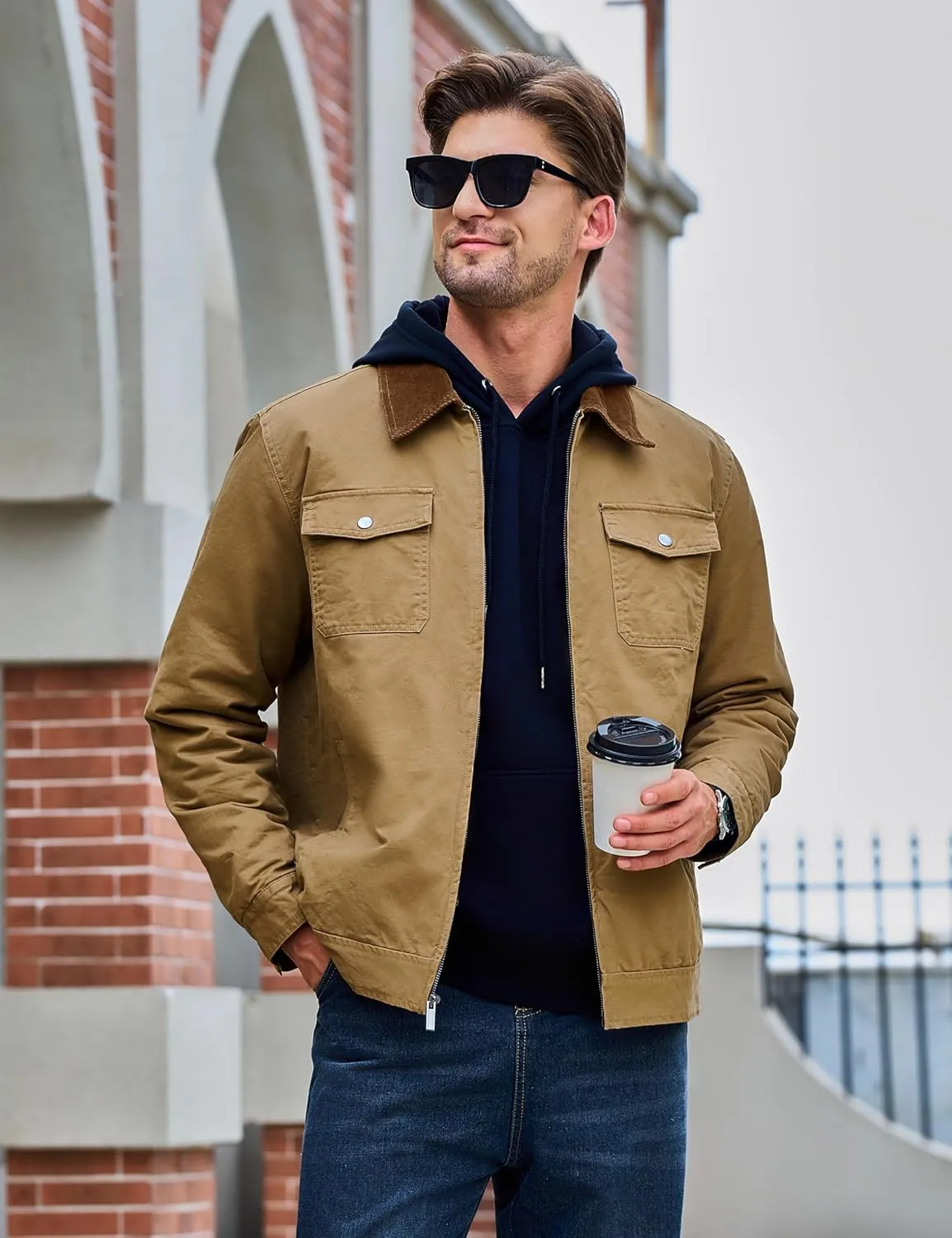 TACVASEN Men's Winter Quilted Casual Cargo Jacket Corduroy Collar Cotton Shacket with Button Pockets for Comfort and Style