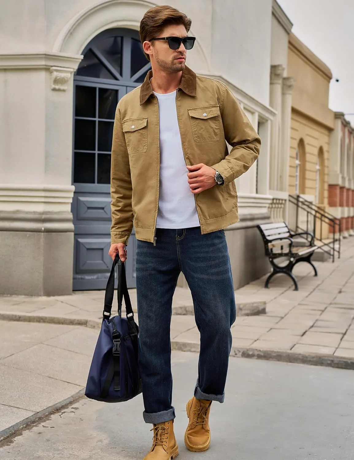 TACVASEN Men's Winter Quilted Casual Cargo Jacket Corduroy Collar Cotton Shacket with Button Pockets for Comfort and Style