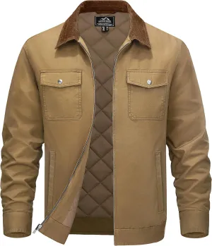 TACVASEN Men's Winter Quilted Casual Cargo Jacket Corduroy Collar Cotton Shacket with Button Pockets for Comfort and Style