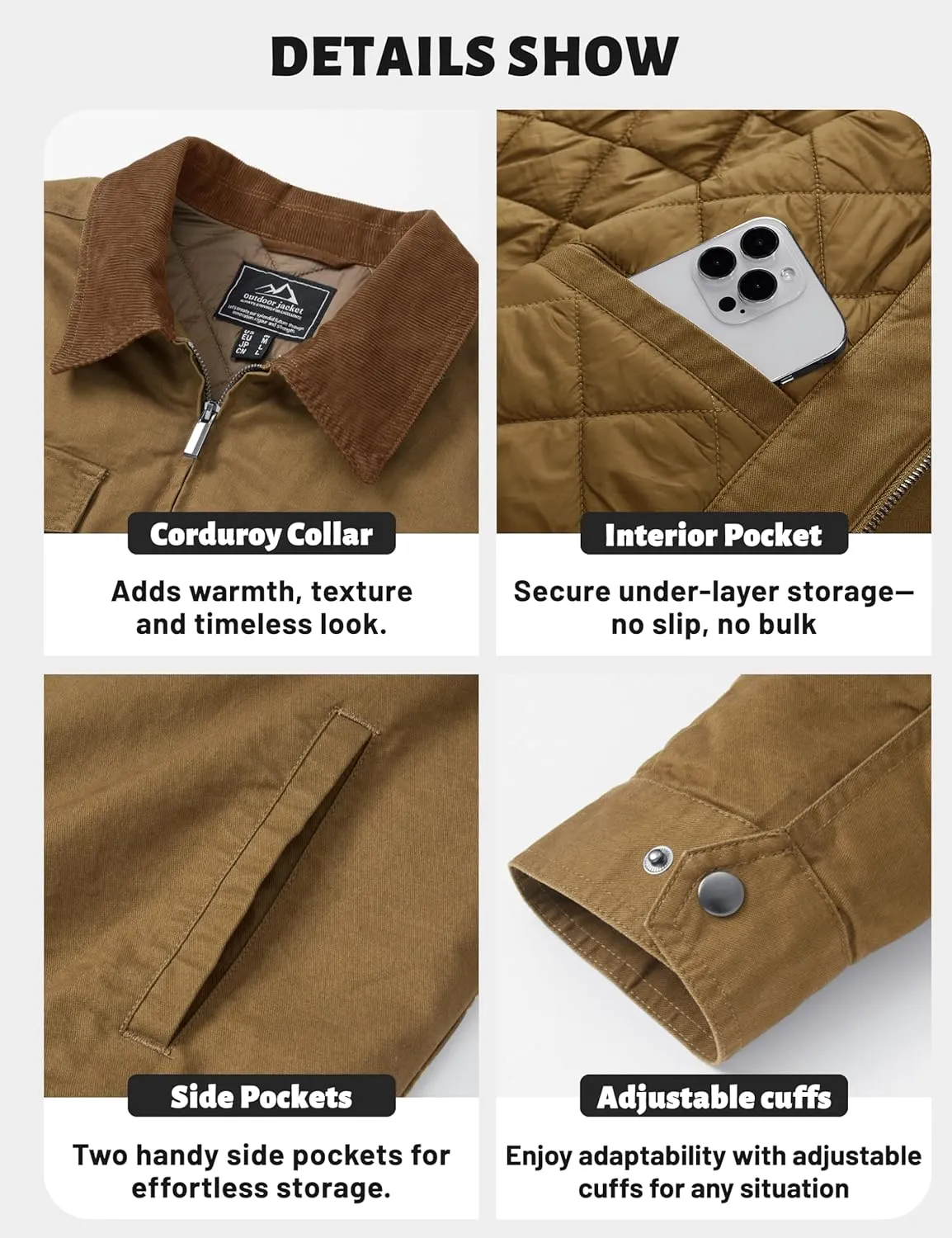 TACVASEN Men's Winter Quilted Casual Cargo Jacket Corduroy Collar Cotton Shacket with Button Pockets for Comfort and Style