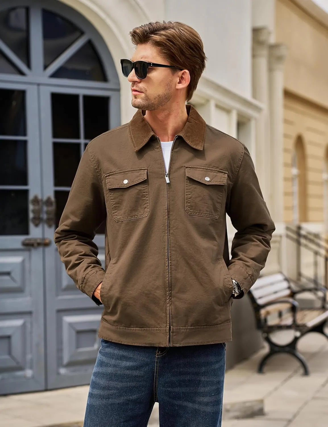 TACVASEN Men's Winter Quilted Casual Cargo Jacket Corduroy Collar Cotton Shacket with Button Pockets for Comfort and Style
