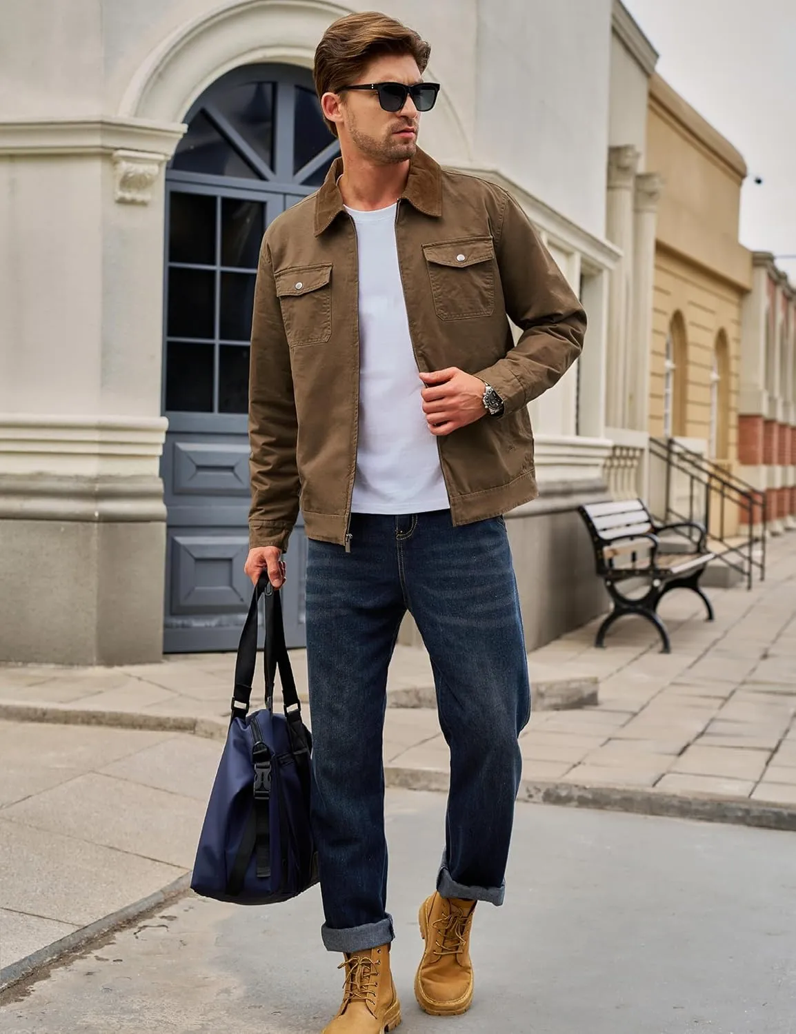 TACVASEN Men's Winter Quilted Casual Cargo Jacket Corduroy Collar Cotton Shacket with Button Pockets for Comfort and Style
