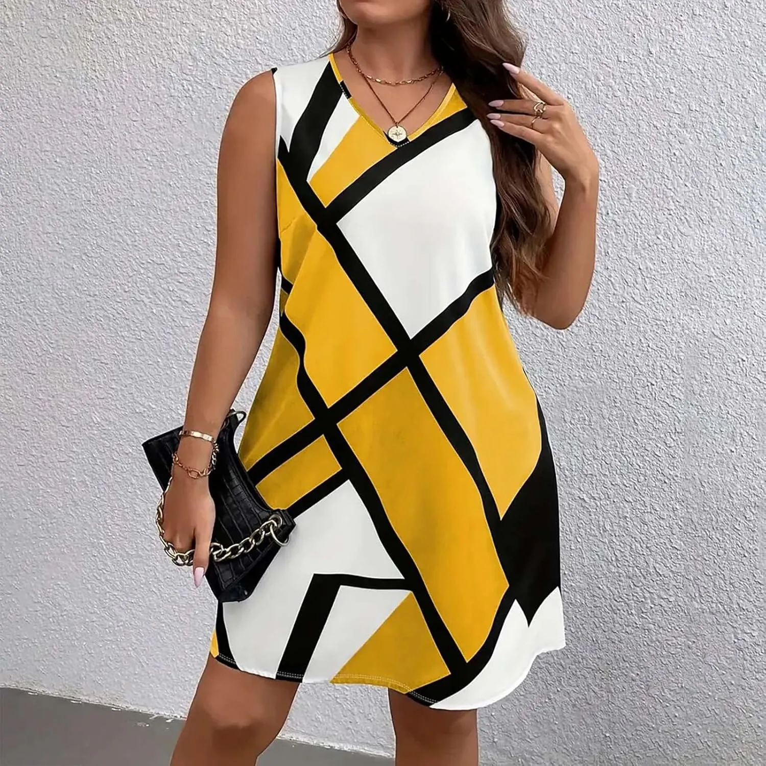 Tank Dress Geometric Printed Plus Size Dresses V-Neck Sleeveless Loose Midi Dresses Summer Dresses for Women 2025