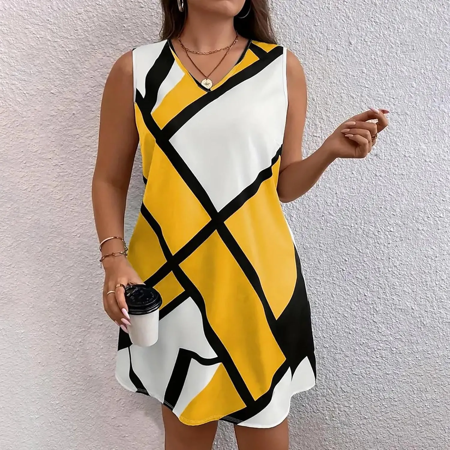 Tank Dress Geometric Printed Plus Size Dresses V-Neck Sleeveless Loose Midi Dresses Summer Dresses for Women 2025