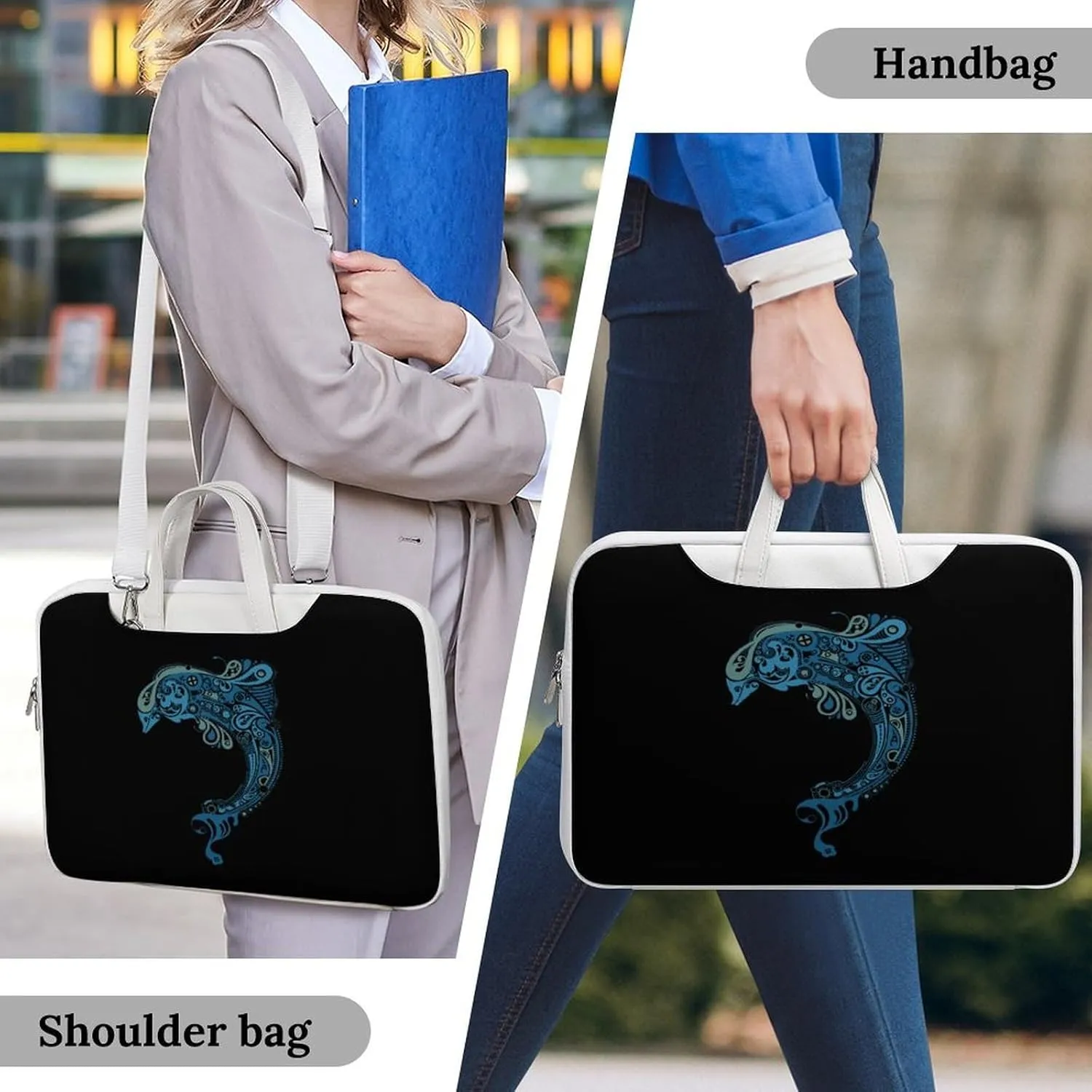 Tattoo Dolphin Totem Leather Bag Laptop Case Slim Water Resistant Computer Bags with Handle Briefcase for Work