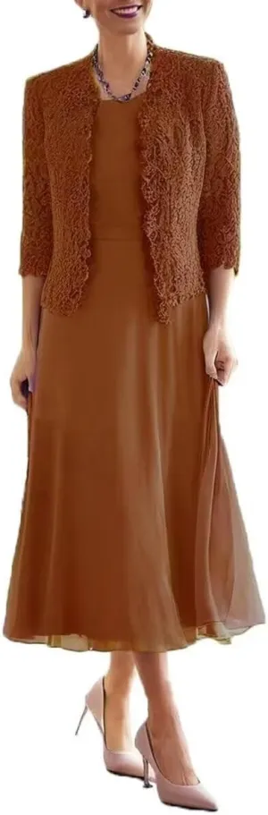Tea Length Mother of The Bride Dresses for Wedding with Jacket Long Sleeve Lace Chiffon Formal Evening Gowns for Women