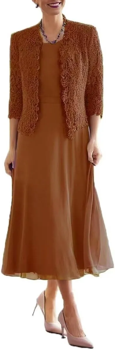 Tea Length Mother of The Bride Dresses for Wedding with Jacket Long Sleeve Lace Chiffon Formal Evening Gowns for Women
