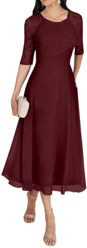 Tea Length Mother of The Bride Dresses with Sleeves Lace Chiffon Pleated A-Line Wedding Guest Evening Dresses