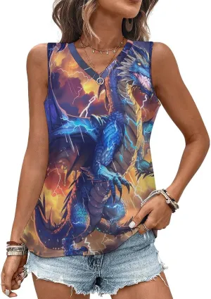 Thunder Blue Dragon Women's Tank Top Sleeveless V Neck T Shirt Casual Vests Funny Blouses