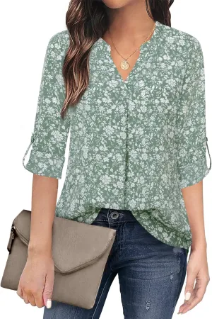 Timeson Women's Casual Chiffon V Neck 3/4 Sleeve Blouse Tops