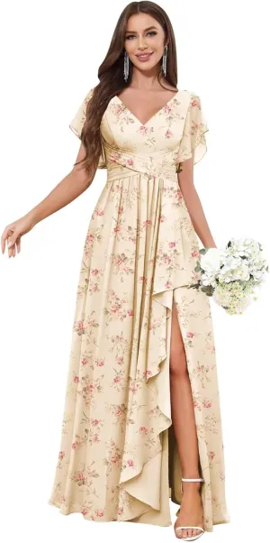 TORYEMY Womens Chiffon Bridesmaid Dresses with Sleeves Slit Long V Neck Ruffle Formal Evening Dress for Women
