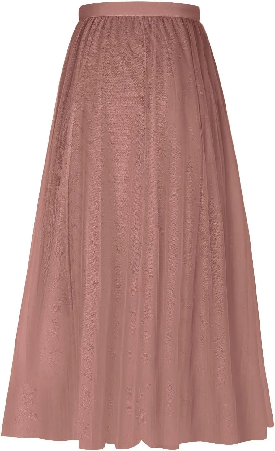Tulle Skirts for Women Pleated Layered Tutu Skirt Ladies Elegant Flowy Long Skirts Bridesmaid Wedding Midi Skirt