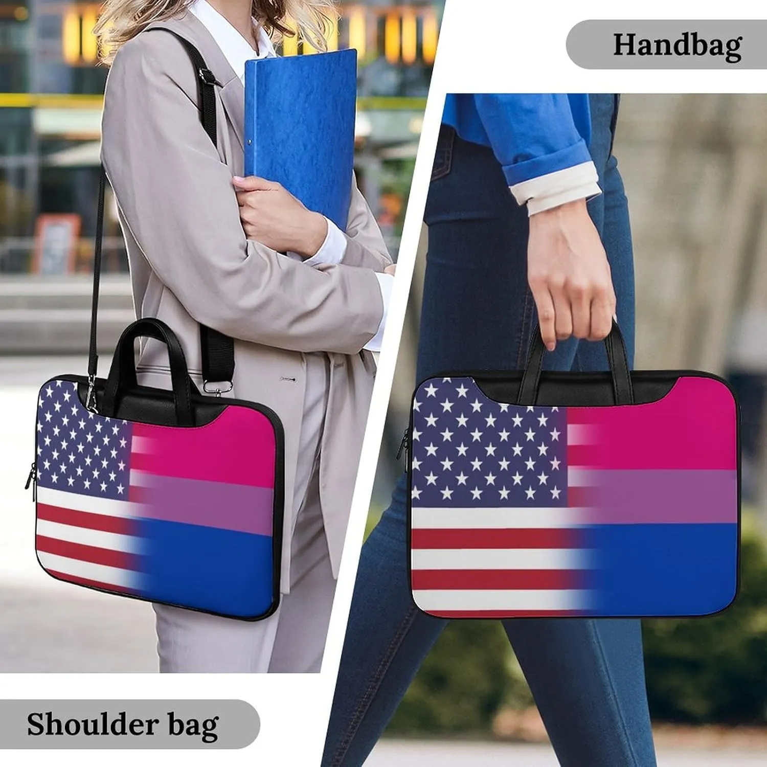 U.S.A. Bisexual Proud Flag Leather Bag Laptop Case Slim Water Resistant Computer Bags with Handle Briefcase for Work