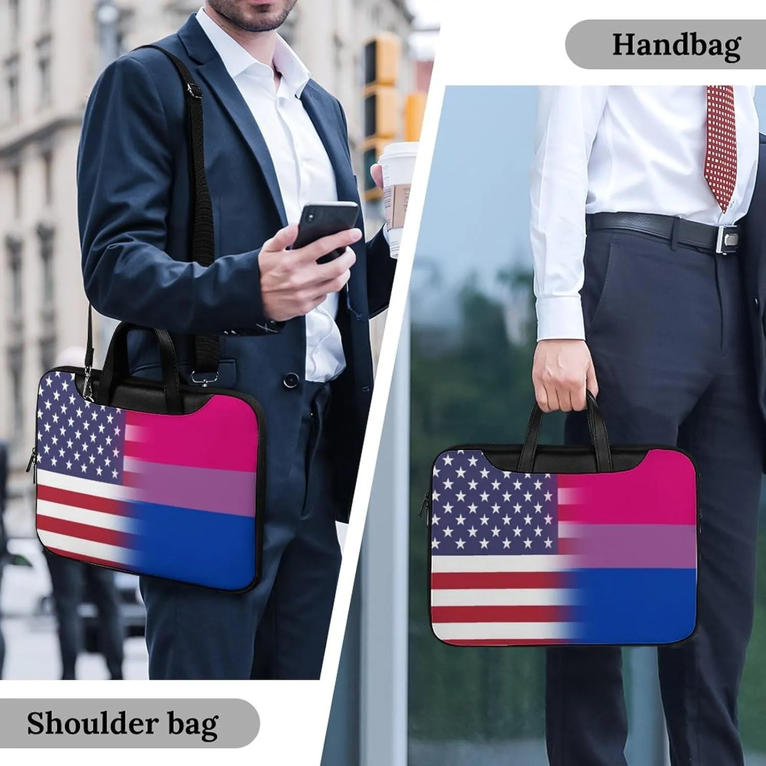 U.S.A. Bisexual Proud Flag Leather Bag Laptop Case Slim Water Resistant Computer Bags with Handle Briefcase for Work