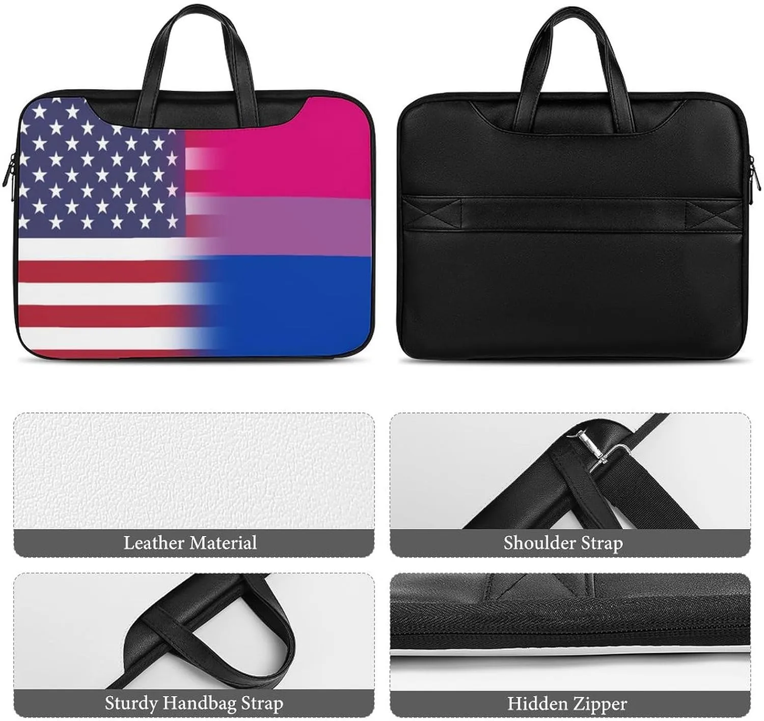 U.S.A. Bisexual Proud Flag Leather Bag Laptop Case Slim Water Resistant Computer Bags with Handle Briefcase for Work